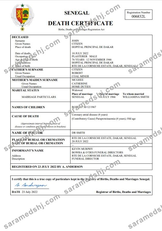 Senegal vital record death certificate Word and PDF template